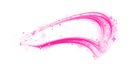 Pink magic spirals with sparkles. Pink light effect. Glitter particles with lines. Swirl effect. PNG.