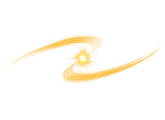Yellow magic spirals with sparkles. Yellow light effect. Glitter particles with lines. Swirl effect. PNG.