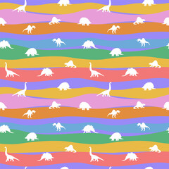 Seamless pattern with colorful dinosaurs on striped. Pattern for children's fabrics