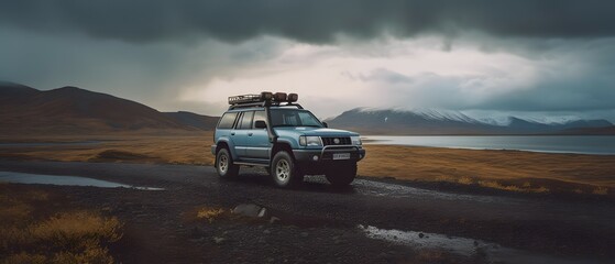 Suv is driving on a remote beach of Iceland. Generative AI - obrazy, fototapety, plakaty