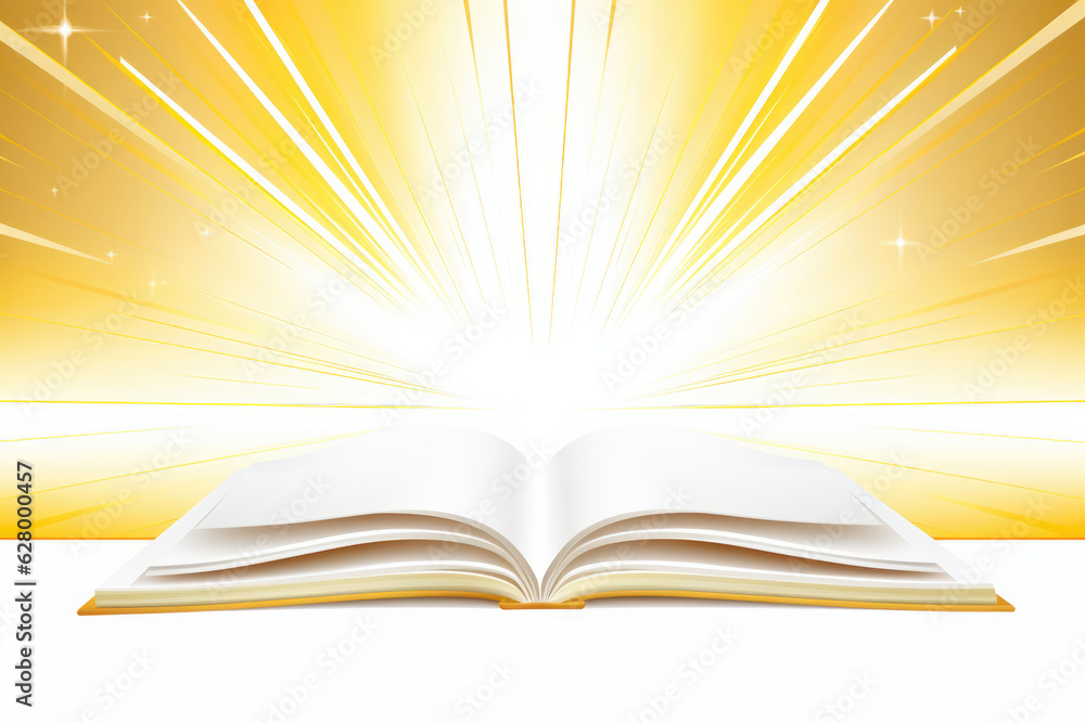 Poster an open book on a table with a starburst in the background. digital image.