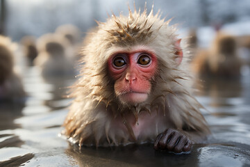 Japanese monkeys, snow monkeys, warm themselves in a hot spring in winter. Generative AI.
