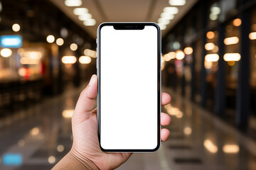 Mockup of male hand holding smartphone with white empty screen in the background of shopping center