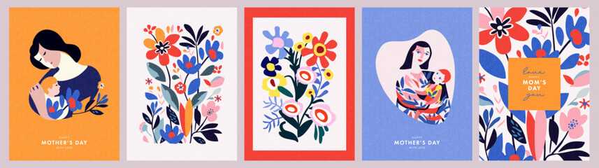 Mothers Day card set. Trendy posters or covers with flowers, abstract floral patterns and mother with child illustration in mid century modern art style. Spring summer bright abstract templates