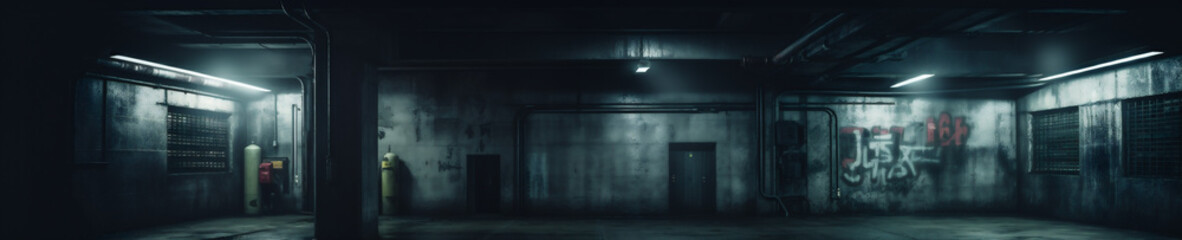 Dark Basement Parking Area, Underground Parking Garage, Wet Asphalt, Lights on Walls and Pillars, Night Time Crime Concept, generative AI