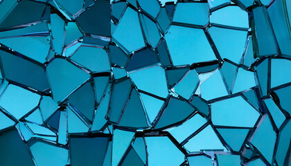 Broken blue glass mosaic. Blue shards background. Broken mirror close-up. Background from shattered blue - obrazy, fototapety, plakaty