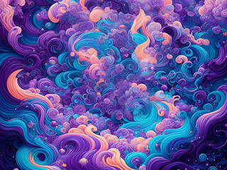 Beautiful abstract twirl and curly anime background textures with shades of purple, cyan, cream and navy. Generative AI, AI Generated.