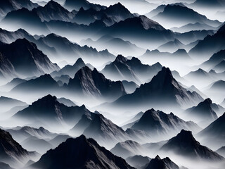 Black and white majestic mountains peaks with smoke background textures. Generative AI, AI Generated.