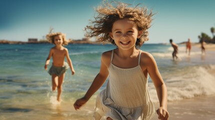 Girl playing at summer in beach with her friends