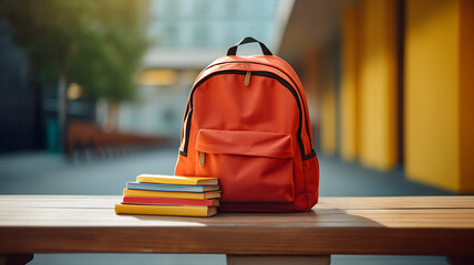 orange choolbag, backpack for children, child, back to school, colorful bag, school supplies, pencils, multicolor, recess, playground background, books for studying, education for children, college - Powered by Adobe