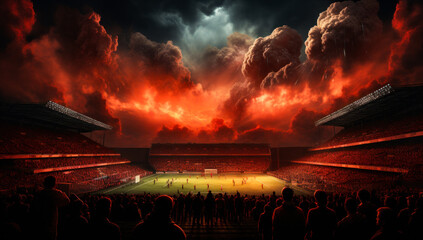 Stadium full of fans in fire. Big football arena superleague event. Generative AI.