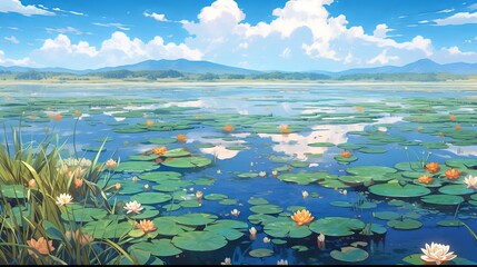Anime illustration of a lake with some ponds on it, beautiful landscape, suitable for wallpapers. Generative ai