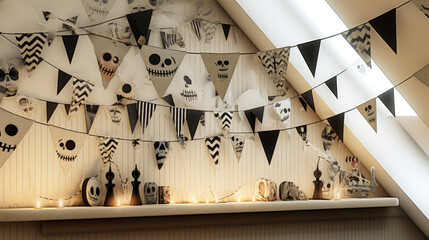 A room decorated with halloween decorations and candles. Digital image.