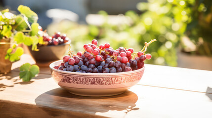Berry garden and grapes in a ceramic bowl on a small wooden table