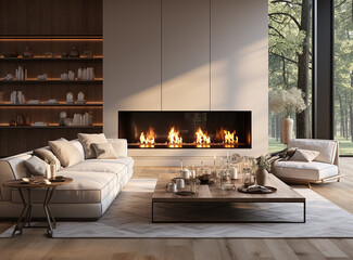 Mock up poster in modern home interior with fireplace, Scandinavian style, generative AI	
