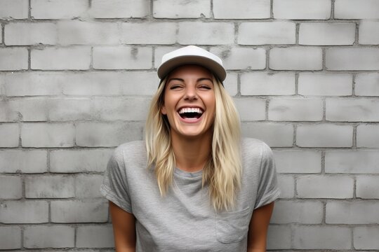 portrait of young happy smiling woman wearing hat