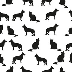 Vector Seamless cat and dog silhouettes pattern on a white background - animals print. Pet shop design. Cat and dog silhouettes prints. For pet shops, bags print, textile print, packing paper
