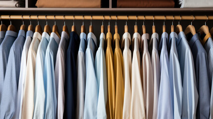 Clouse up mens shirts hanging neatly in the closet 