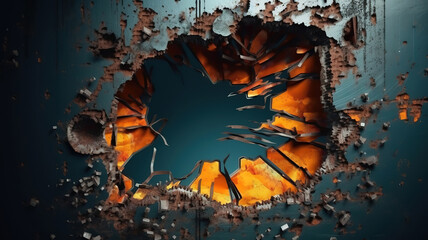 Break in old metal sheet. Hole in old iron construction, Bright color. Generative Ai