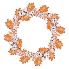 Fototapeta premium Watercolor autumn wreath with hand-painted elements of cotton flowers and oak leaves on a transparent background.