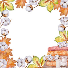 Watercolor autumn frame with hand-painted elements of colored leaves chestnut and an oak tree, cotton, a sweater stack, and candles on a transparent background.