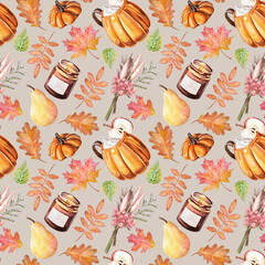 Autumn watercolor seamless pattern with hand-painted elements of colored autumn leaves, a pumpkin mug with cocoa drink, a candle, fruits, and a dried flower bouquet on a beige background.