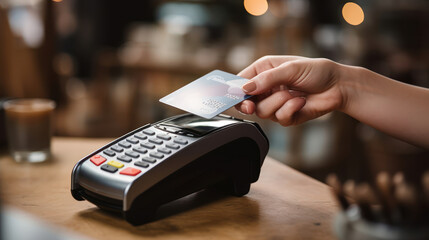 Hand of customer paying with contactless credit card 