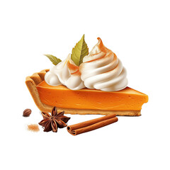 Piece of pumpkin pie with whipped cream and orange pumpkin.