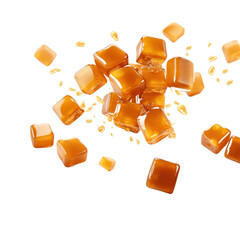 Flying caramel cubes isolated on white background. - obrazy, fototapety, plakaty
