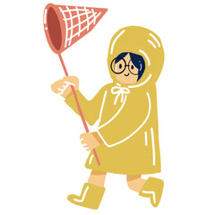 Cute kid wearing rain coat and catching insect. Character design Isolate on white background