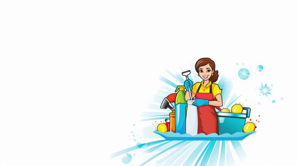 Girl with clothes and cleaning accessories - obrazy, fototapety, plakaty