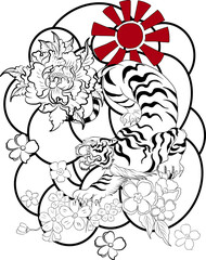 Chinese tiger with sakura flower and water splash tattoo.Illustration design tiger and cherry peach flower art vector.