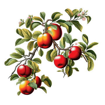 Apple set with fruits and branches. Hand drawn tree branch with apples and leaves.