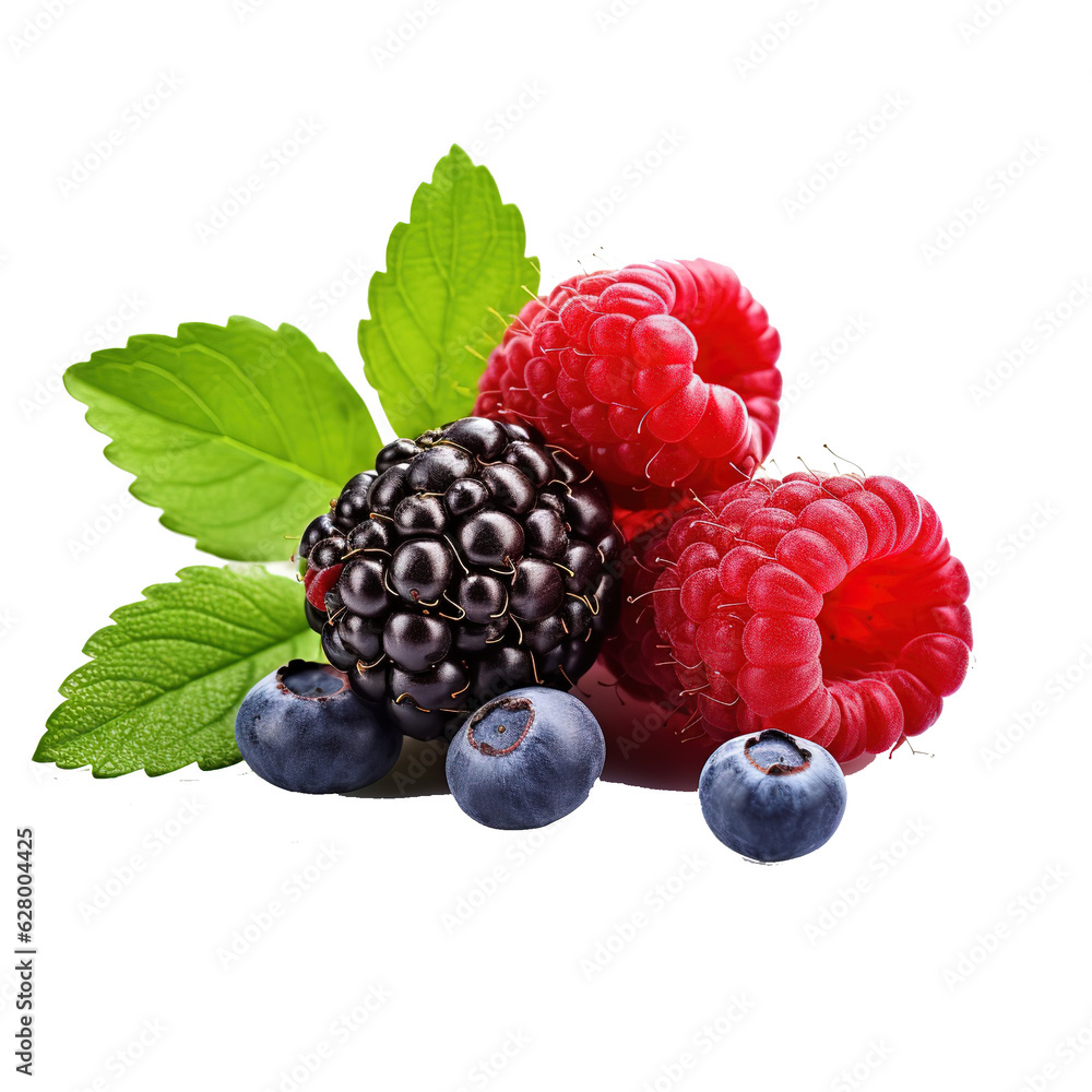 Poster aspberry with blueberry. wild berries isolated with leaves on white background.