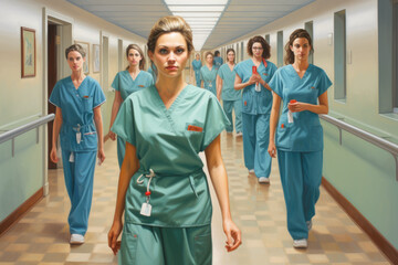 A group of nurses walking down a hospital hallway. Digital image.