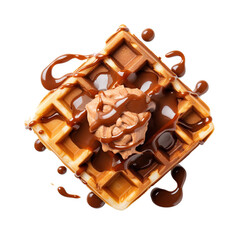 Waffle with chocolate sauce isolated on white background.