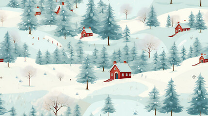 seamless pattern winter landscape with red house