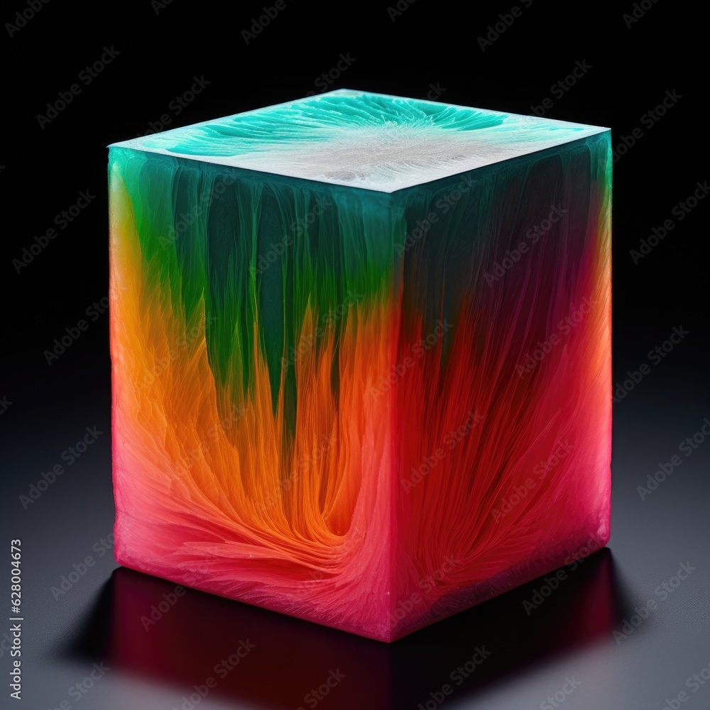 Poster a multicolored cube with a black background. digital image.