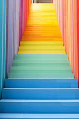 Escalier arc-en-ciel, couleur saturée, bleu clair et jaune, parfait pour un fond d'écran, lumineux avec une perspective de profondeur et d'ascension