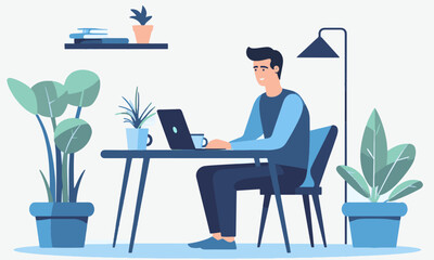 A young freelancer boy with Working a laptop at a personal home desk, working from home at a relaxed pace, convenient workplace vector illustration of remote working, and virtual team cartoon design.