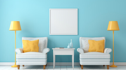 A living room with two chairs and a table. Digital image. Painting mockup.