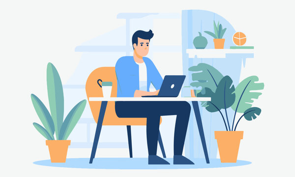 A Young Freelancer Boy With Working A Laptop At A Personal Home Desk, Working From Home At A Relaxed Pace, Convenient Workplace Vector Illustration Of Remote Working, And Virtual Team Cartoon Design.