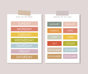 Days of the Week illustration, educational material, kids vector, kindergarten illustration, classroom poster, Months of the Year educational wall art, preschool design, shapes vector