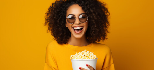 Young lady holding a bucket of popcorn isolated on yellow color background.
