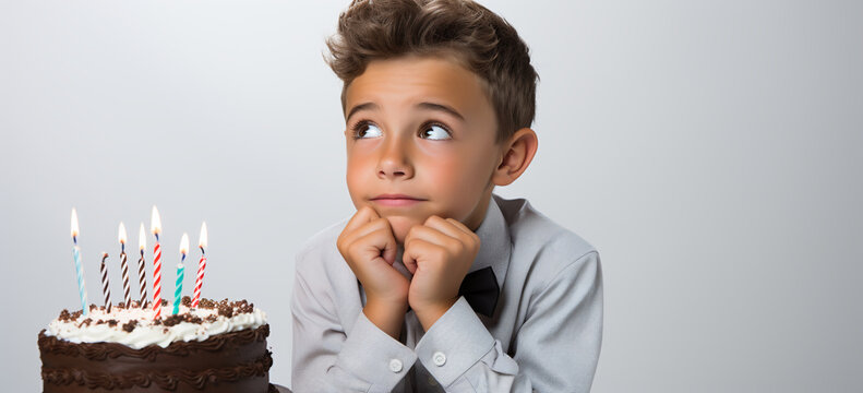Isolated little boy making a wish with a birthday cake.