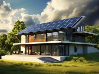 Obraz premium 3D house with solar panel roof on a bright day, green park, modern house, elegant and luxury. Generative ai