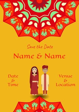 Composition of engagement invitation text over indian pattern on yellow background