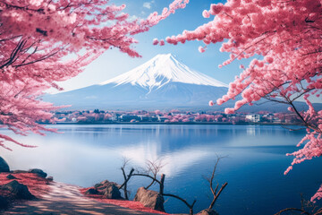 The breathtaking Mount Fuji stands majestically over a serene lake, surrounded by vibrant flowers and lush trees - obrazy, fototapety, plakaty
