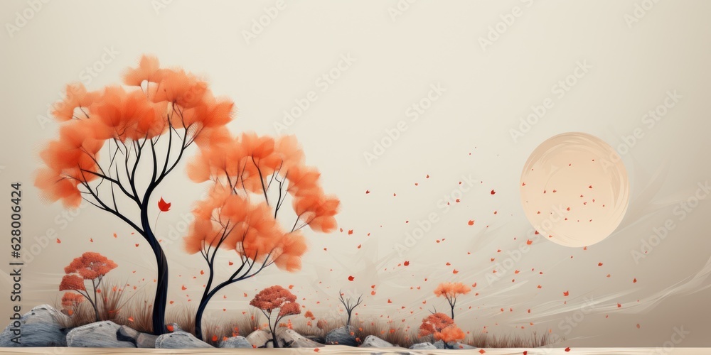 Poster a painting of trees and rocks with a full moon in the background. digital image. hello autumn card d