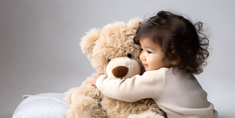 Cute little girl and her toy teddy bear. Friendship, best friend concept.